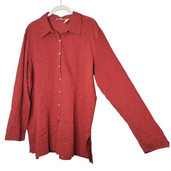 J Jill Gauzy Top Women's Size L Red 100% Cotton Crinkle Button Front Coastal - Picture 1 of 10